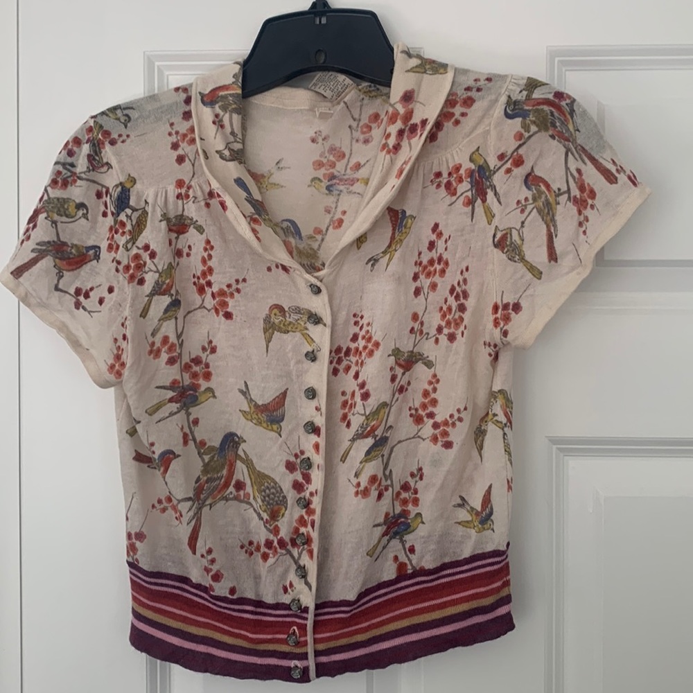 Anthropologie Moth lightweight bird print cropped cardigan sz L ASO Dr Horrible